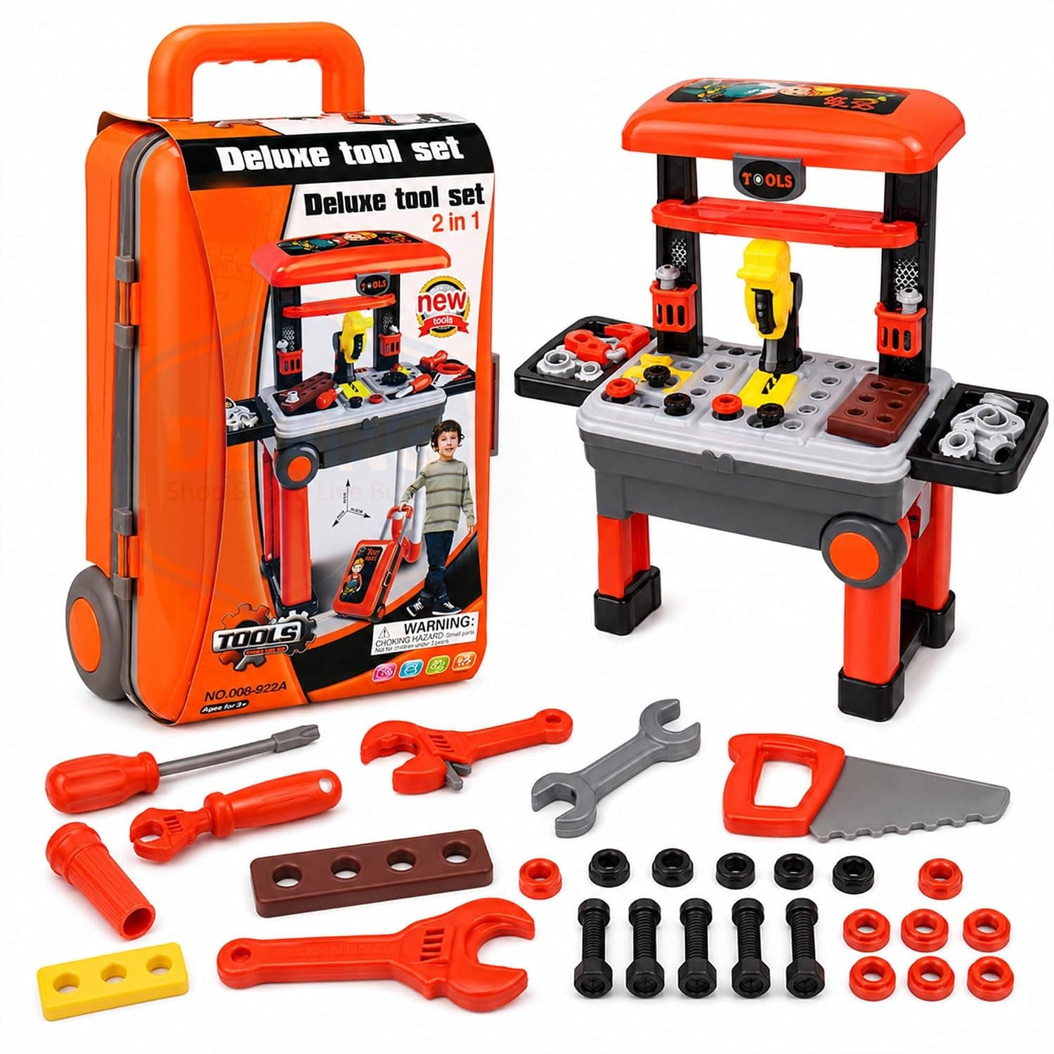 Kids Deluxe Tool Set Trolley for Kids | 2 in 1 Portable Pretend Play Workshop Suitcase with Toy Drill, Screwdriver & Repair Accessories – Educational DIY Construction Playset for Age 3+ Years.