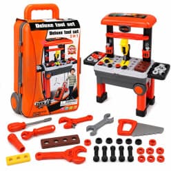 Kids Deluxe Tool Set Trolley for Kids | 2 in 1 Portable Pretend Play Workshop Suitcase with Toy Drill, Screwdriver & Repair Accessories – Educational DIY Construction Playset for Age 3+ Years.