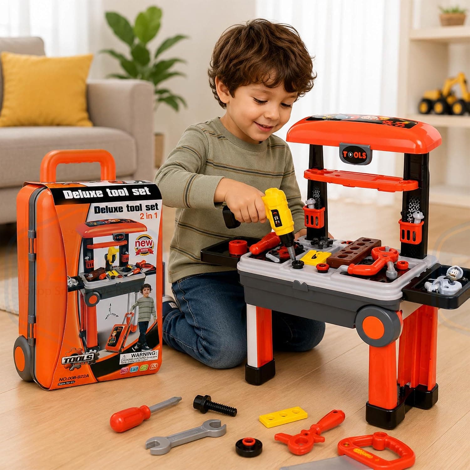 Kids Deluxe Tool Set Trolley for Kids | 2 in 1 Portable Pretend Play Workshop Suitcase with Toy Drill, Screwdriver & Repair Accessories – Educational DIY Construction Playset for Age 3+ Years. — view 3