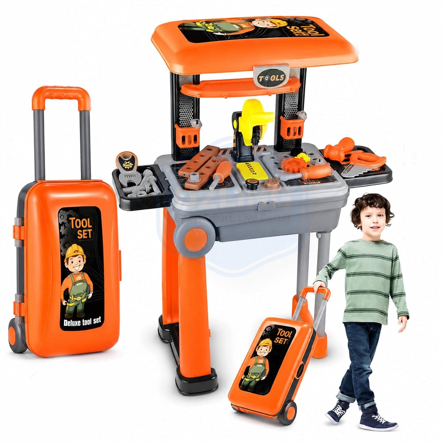 Kids Deluxe Tool Set Trolley for Kids | 2 in 1 Portable Pretend Play Workshop Suitcase with Toy Drill, Screwdriver & Repair Accessories – Educational DIY Construction Playset for Age 3+ Years. — view 5