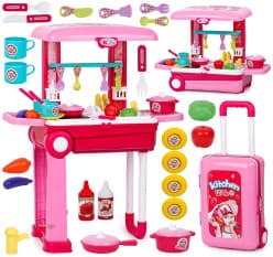 Kitchen Set for Girls | Light & Sound Portable Trolley 18 pcs Kitchen Toys for Girls | Big Cooking Set for Kids | Battery Operated Pretend Play Toys | Birthday Gifts for Kids - Pink