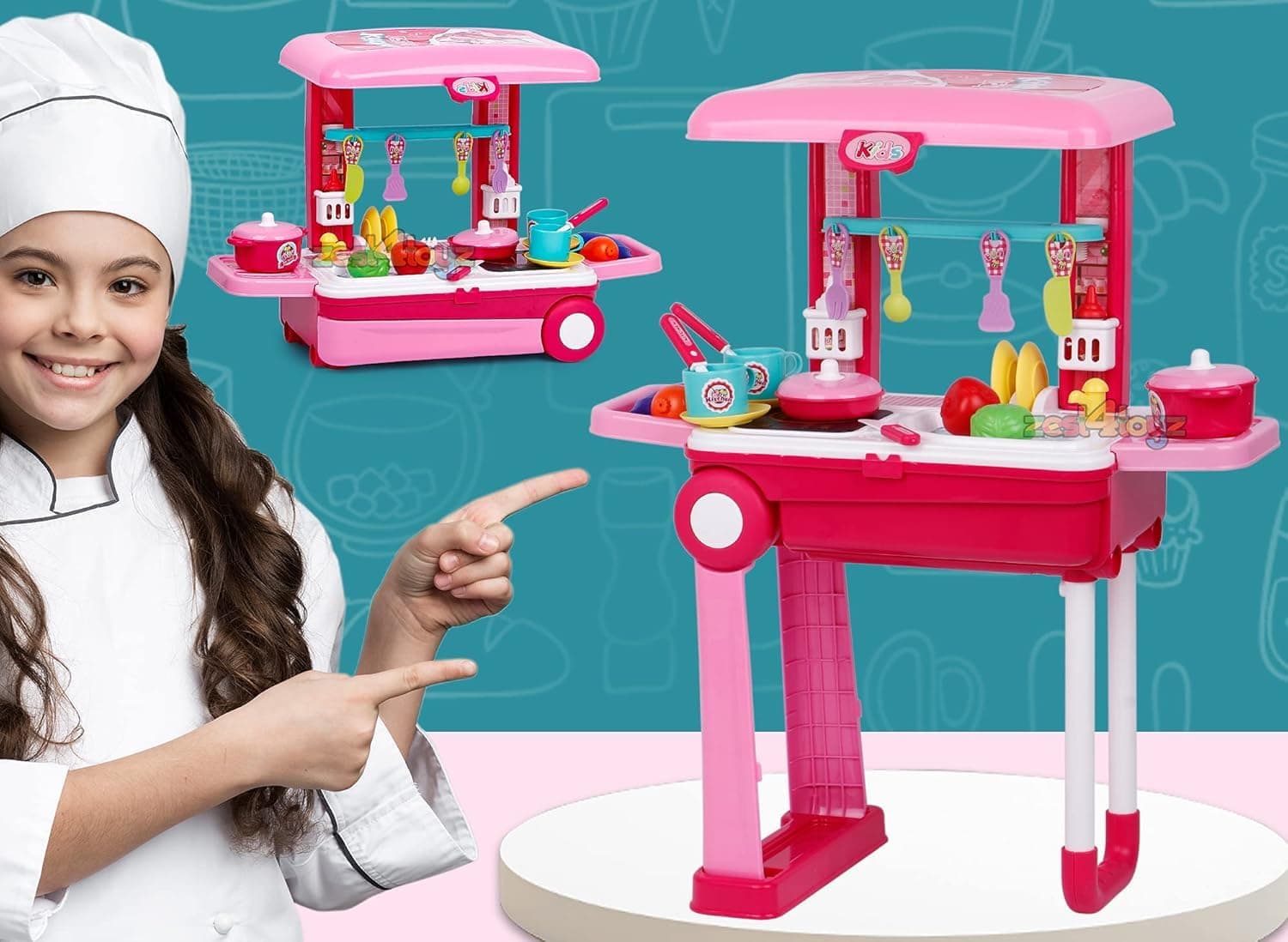 Kitchen Set for Girls | Light & Sound Portable Trolley 18 pcs Kitchen Toys for Girls | Big Cooking Set for Kids | Battery Operated Pretend Play Toys | Birthday Gifts for Kids - Pink — view 2