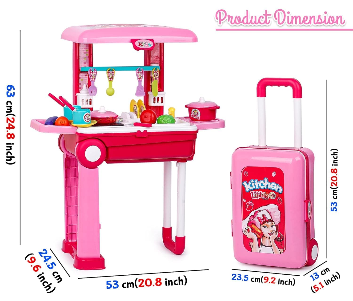 Kitchen Set for Girls | Light & Sound Portable Trolley 18 pcs Kitchen Toys for Girls | Big Cooking Set for Kids | Battery Operated Pretend Play Toys | Birthday Gifts for Kids - Pink — view 3