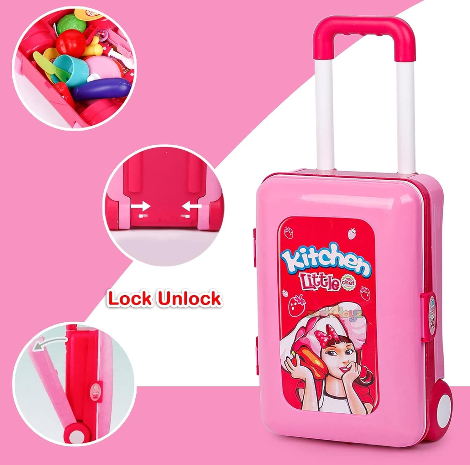 Kitchen Set for Girls | Light & Sound Portable Trolley 18 pcs Kitchen Toys for Girls | Big Cooking Set for Kids | Battery Operated Pretend Play Toys | Birthday Gifts for Kids - Pink — view 8