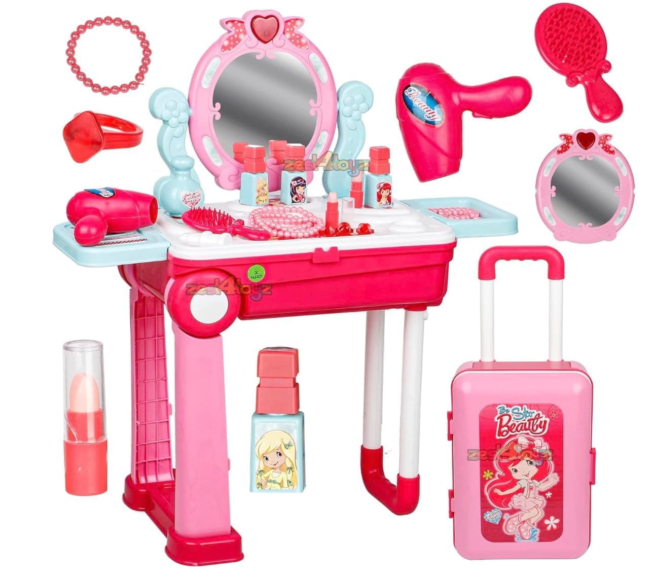 Kids Beauty Makeup Trolley Set | Pink Pretend Play Dressing Table Vanity Kit with Mirror | Rolling Suitcase and Accessories for Girls Ages 3+