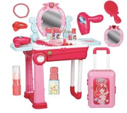 Kids Beauty Makeup Trolley Set | Pink Pretend Play Dressing Table Vanity Kit with Mirror | Rolling Suitcase and Accessories for Girls Ages 3+