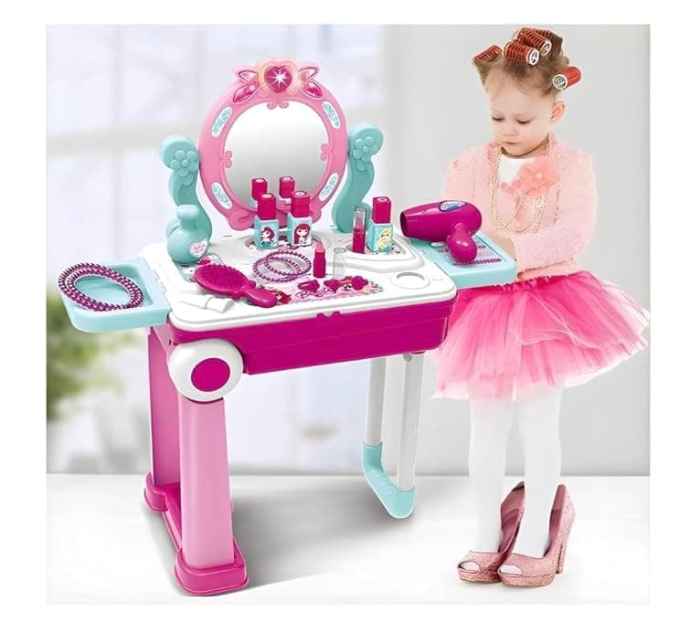 Kids Beauty Makeup Trolley Set | Pink Pretend Play Dressing Table Vanity Kit with Mirror | Rolling Suitcase and Accessories for Girls Ages 3+ — view 2