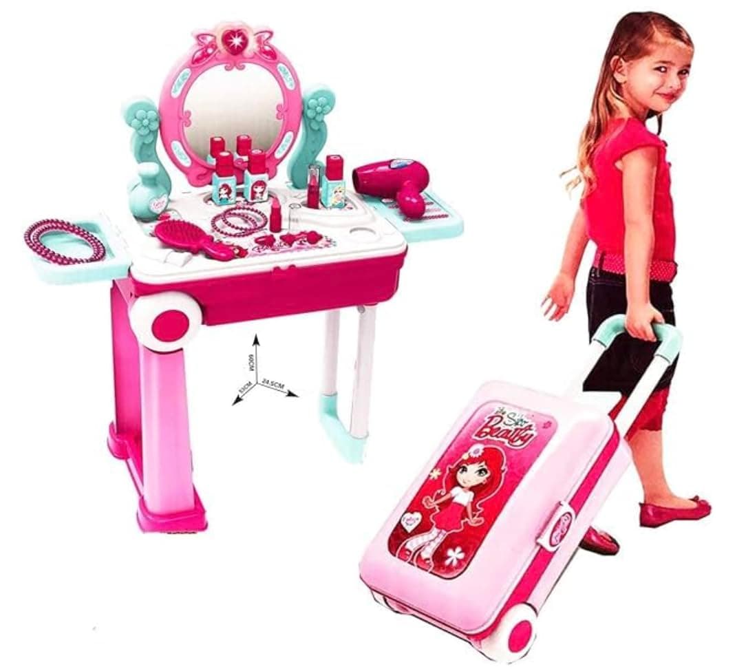 Kids Beauty Makeup Trolley Set | Pink Pretend Play Dressing Table Vanity Kit with Mirror | Rolling Suitcase and Accessories for Girls Ages 3+ — view 4