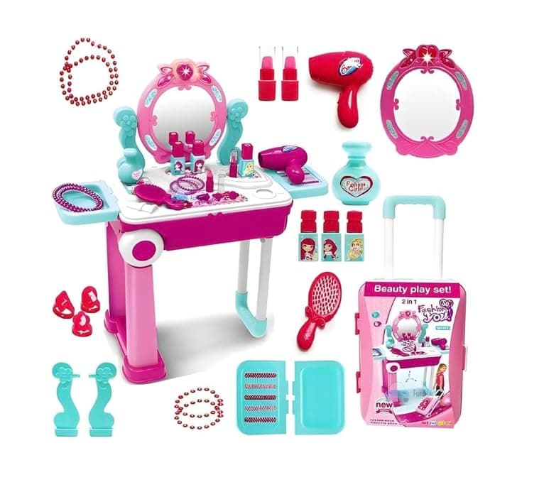 Kids Beauty Makeup Trolley Set | Pink Pretend Play Dressing Table Vanity Kit with Mirror | Rolling Suitcase and Accessories for Girls Ages 3+ — view 5