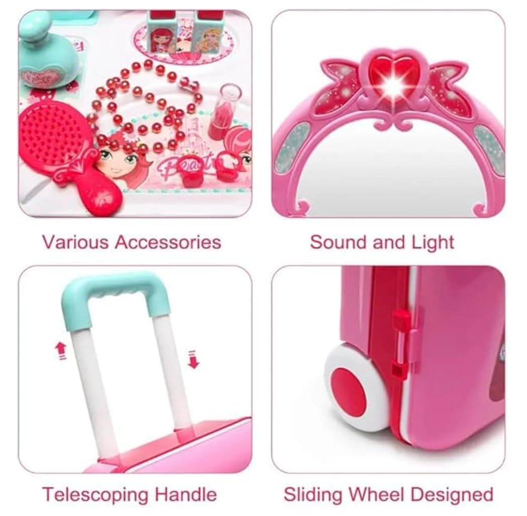 Kids Beauty Makeup Trolley Set | Pink Pretend Play Dressing Table Vanity Kit with Mirror | Rolling Suitcase and Accessories for Girls Ages 3+ — view 6