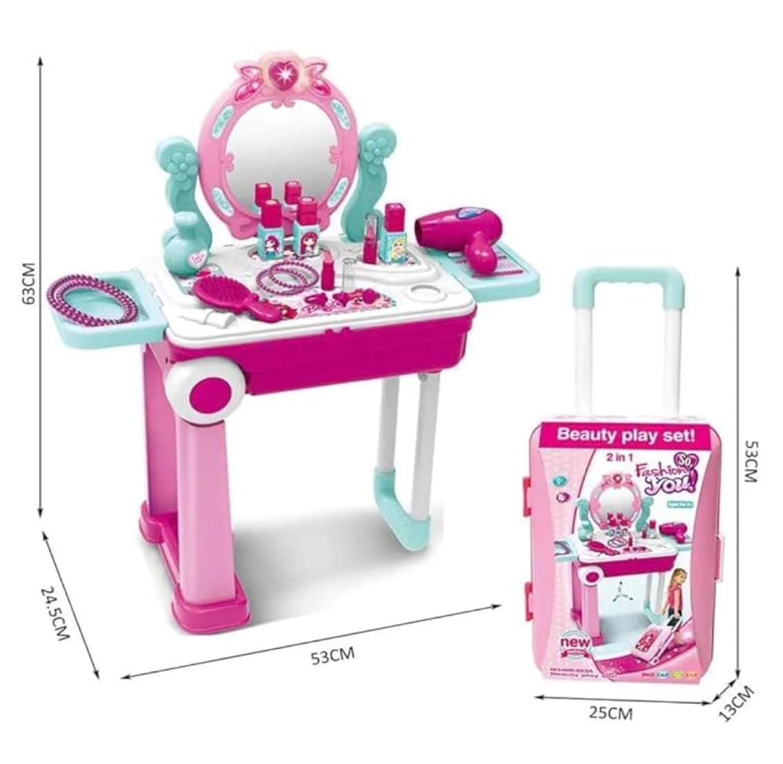 Kids Beauty Makeup Trolley Set | Pink Pretend Play Dressing Table Vanity Kit with Mirror | Rolling Suitcase and Accessories for Girls Ages 3+ — view 9
