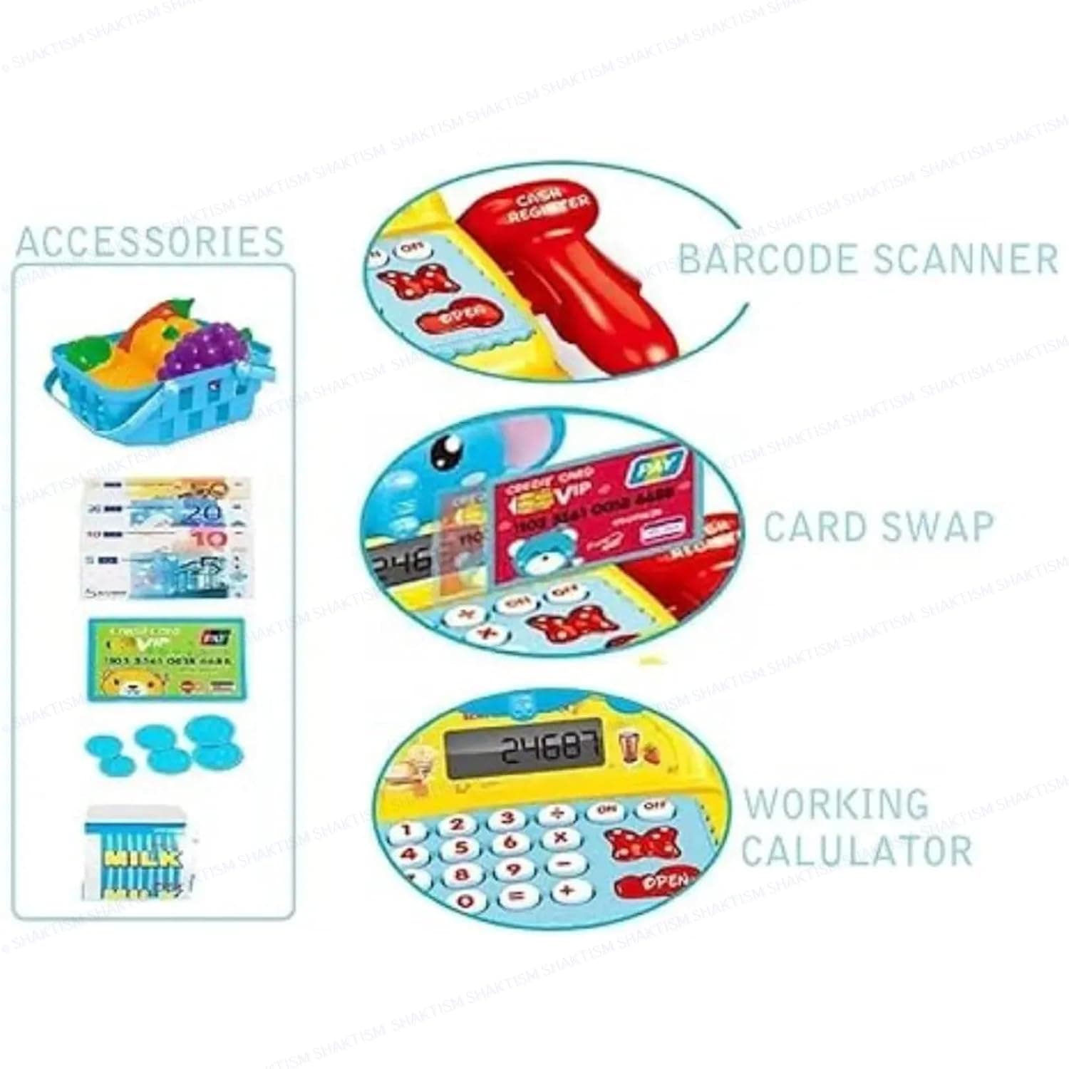 Cash Register with Lights & Sounds for Pretend Play Electronic Toy Set with Scanner Shopping Basket Grocery Best Gift for 3+ up Ages Kids Boys & Girls (Cash Register Elephant) — view 3