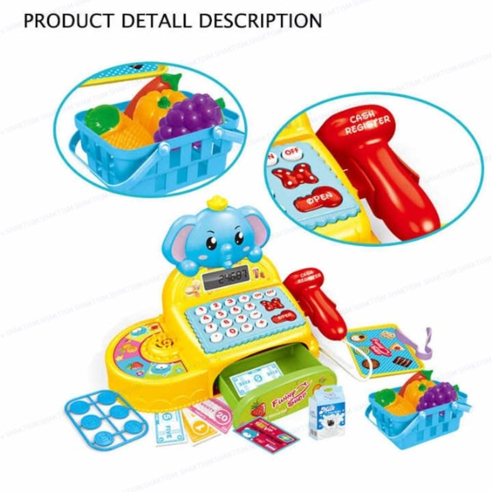 Cash Register with Lights & Sounds for Pretend Play Electronic Toy Set with Scanner Shopping Basket Grocery Best Gift for 3+ up Ages Kids Boys & Girls (Cash Register Elephant) — view 4