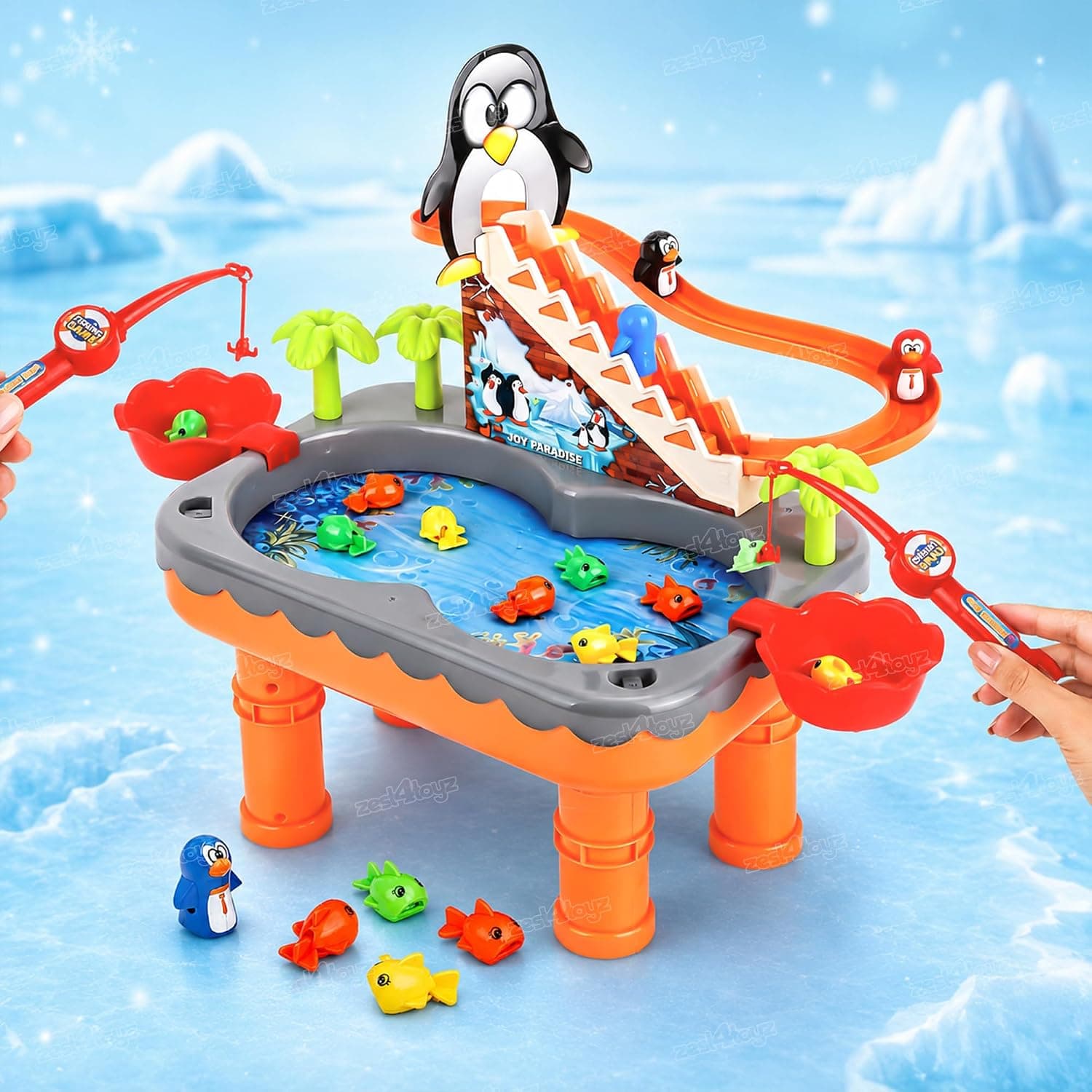 Penguin Fishing 2 in 1 Toy for Kids | Fishing & Penguin Slide Game with Water Play | Magnetic Fish | Slide Rail | Fishing Rods & Dynamic Music | Sensory Fun Toy for Boys & Girls