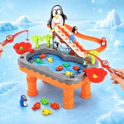 Penguin Fishing 2 in 1 Toy for Kids | Fishing & Penguin Slide Game with Water Play | Magnetic Fish | Slide Rail | Fishing Rods & Dynamic Music | Sensory Fun Toy for Boys & Girls