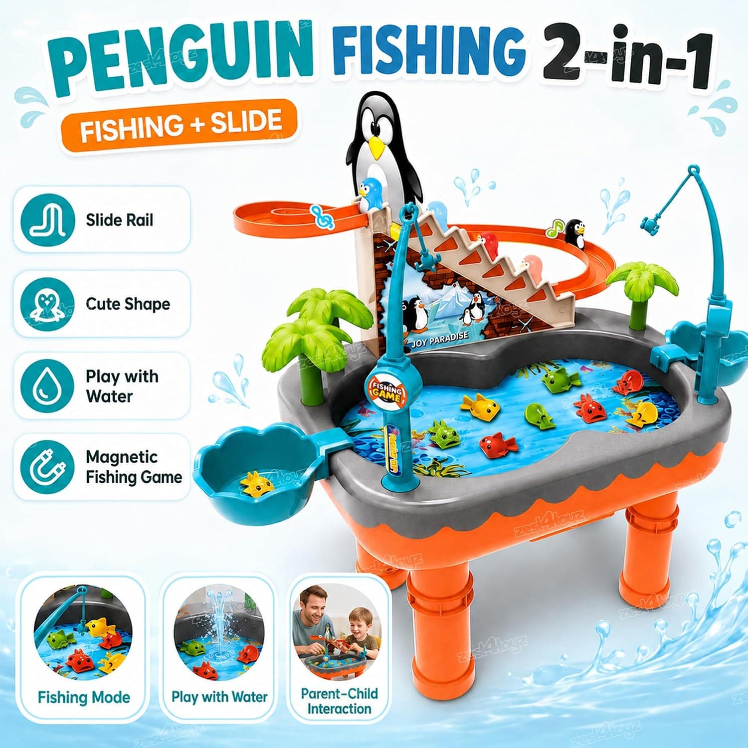 Penguin Fishing 2 in 1 Toy for Kids | Fishing & Penguin Slide Game with Water Play | Magnetic Fish | Slide Rail | Fishing Rods & Dynamic Music | Sensory Fun Toy for Boys & Girls — view 4