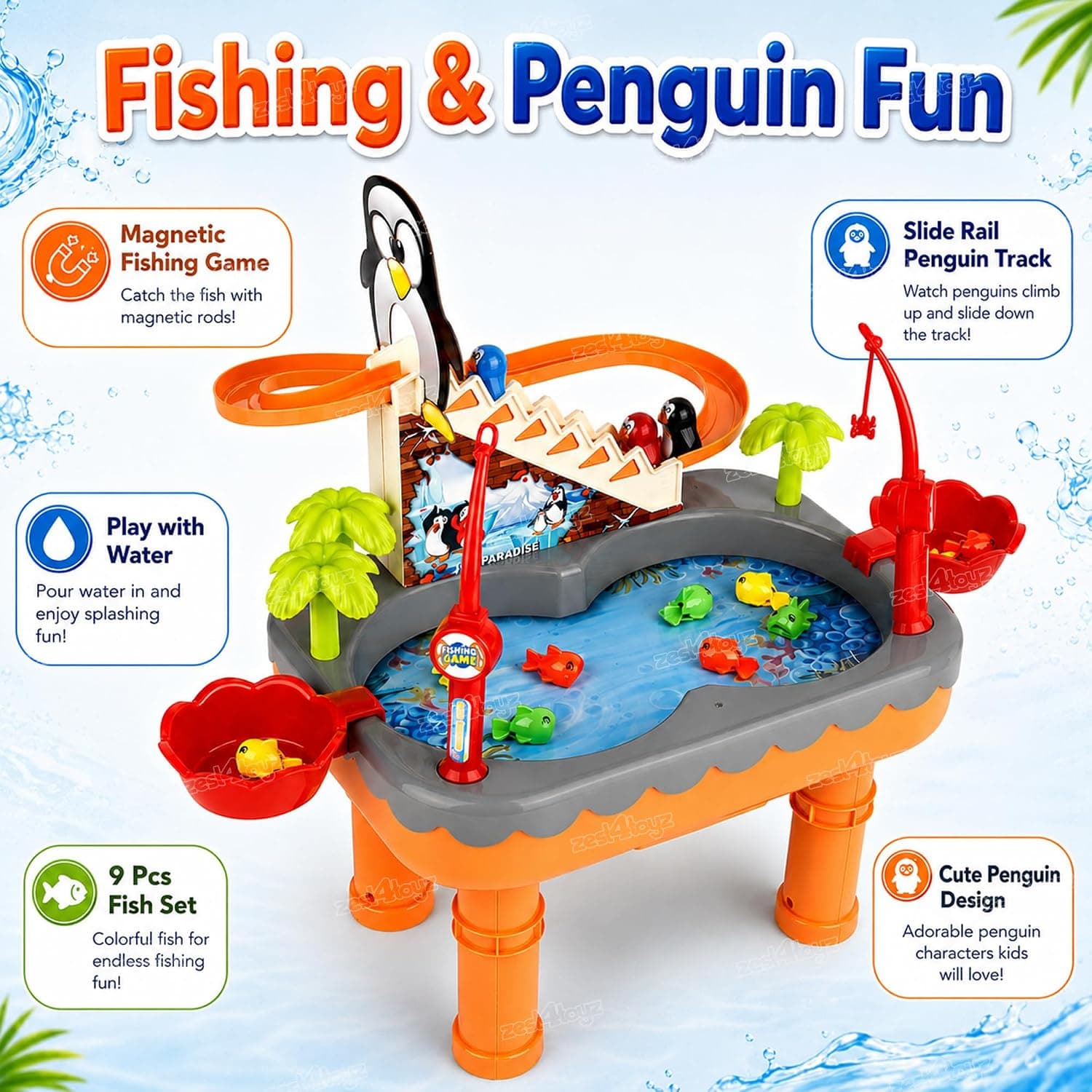 Penguin Fishing 2 in 1 Toy for Kids | Fishing & Penguin Slide Game with Water Play | Magnetic Fish | Slide Rail | Fishing Rods & Dynamic Music | Sensory Fun Toy for Boys & Girls — view 5