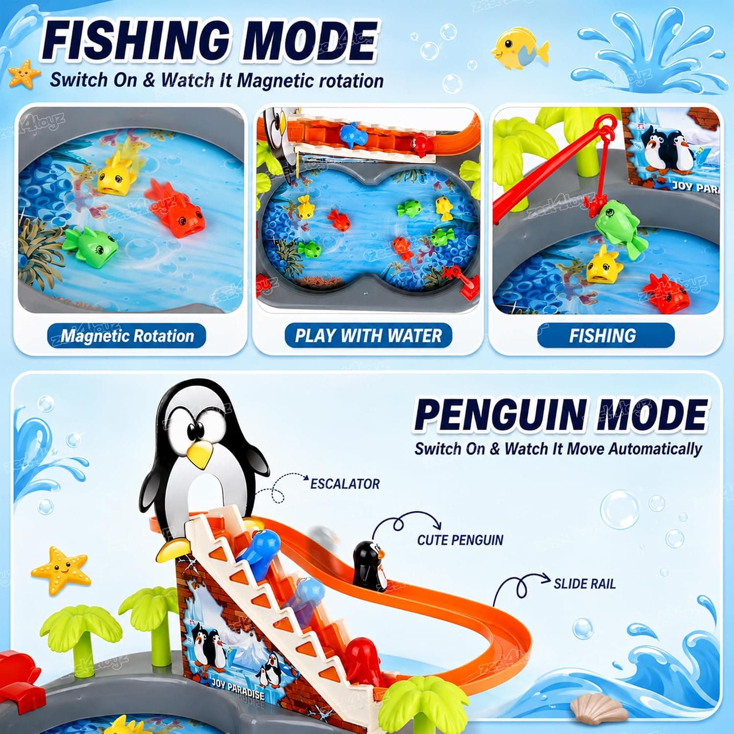Penguin Fishing 2 in 1 Toy for Kids | Fishing & Penguin Slide Game with Water Play | Magnetic Fish | Slide Rail | Fishing Rods & Dynamic Music | Sensory Fun Toy for Boys & Girls — view 6