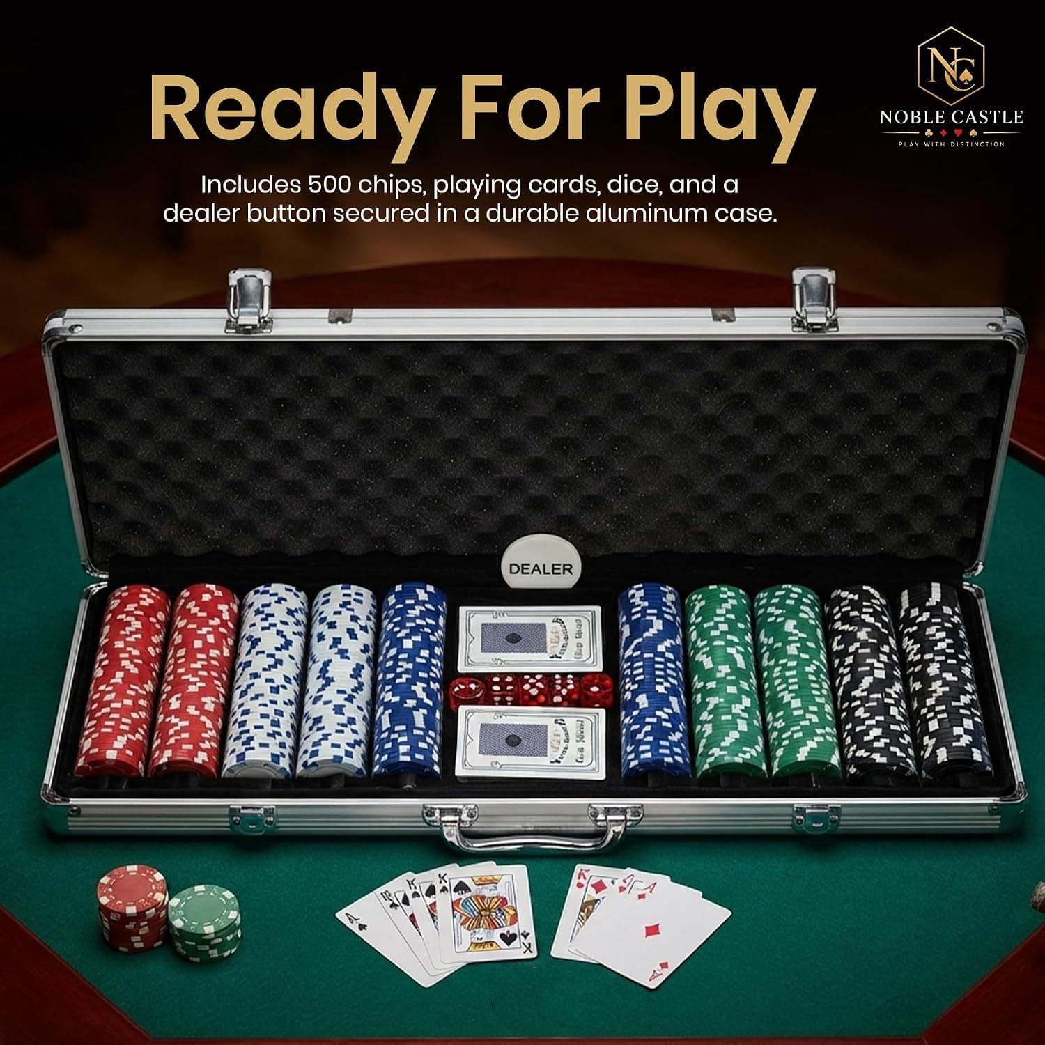500 Piece Poker Chips Set – 11.5g Chips with Aluminum Case, 2 Card Decks, 5 Dice & Dealer Button – Card Game Chip Set for Family Game Night — view 4