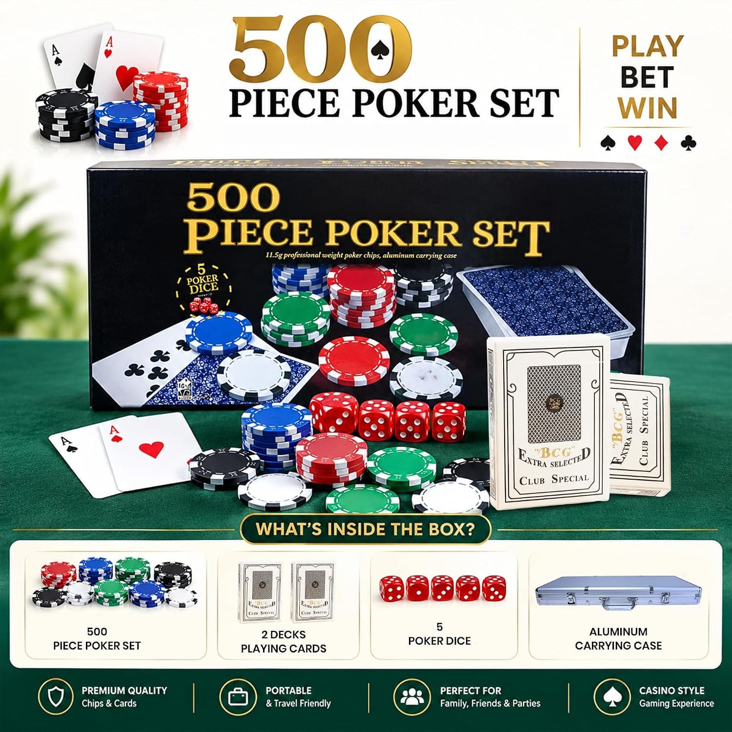 500 Piece Poker Chips Set – 11.5g Chips with Aluminum Case, 2 Card Decks, 5 Dice & Dealer Button – Card Game Chip Set for Family Game Night — view 5