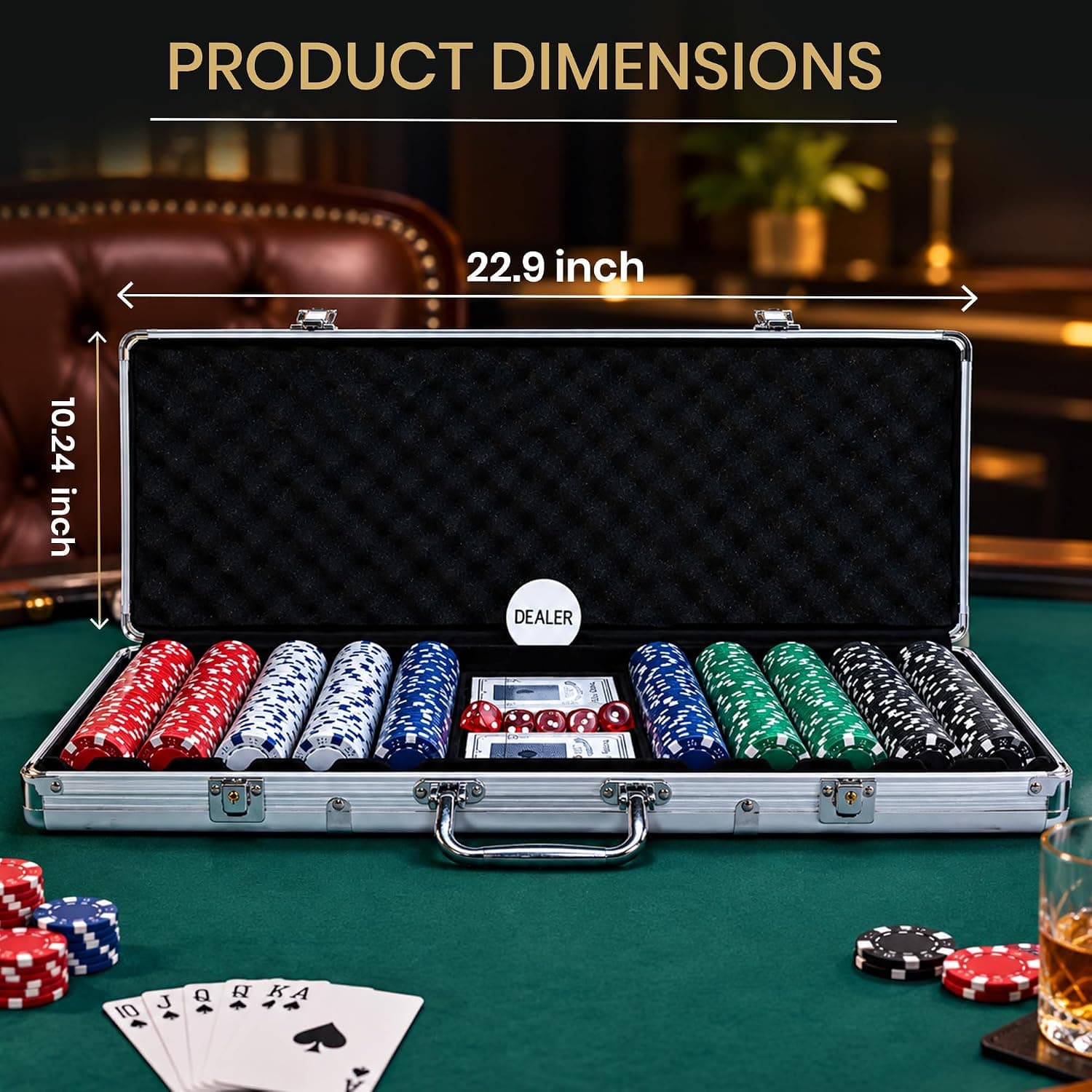 500 Piece Poker Chips Set – 11.5g Chips with Aluminum Case, 2 Card Decks, 5 Dice & Dealer Button – Card Game Chip Set for Family Game Night — view 6