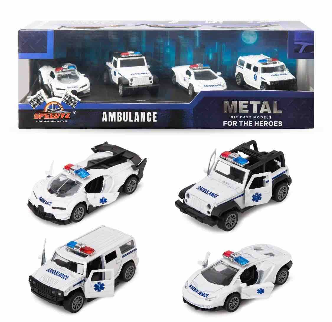 Set of 4 Metal Die-Cast Ambulance Rescue Cars | Pull-Back Models With Opening Doors & Siren Lights | Hero Series Gift Box