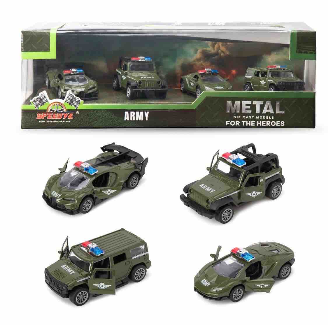 Set of 4 Metal Die-Cast Army Cars | Military Green Pull-Back Models With Opening Doors & Light Bars | Hero Series Gift Box