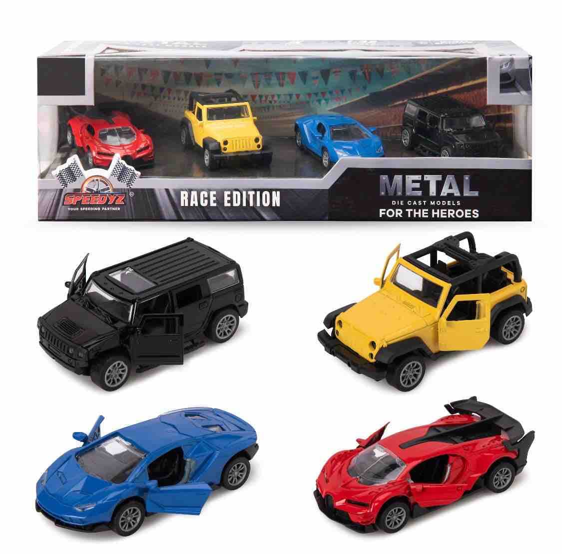Set of 4 Metal Die-Cast Race Edition Cars | Sports Car, Open Jeep-Style & SUV Models With Opening Doors | Hero Series Gift Box