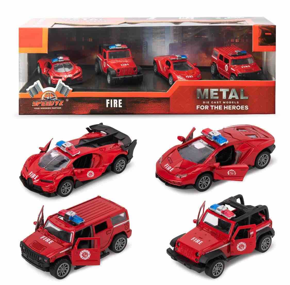 Set of 4 Metal Die-Cast Fire Rescue Cars | Red Pull-Back Models With Opening Doors & Light Bars | Hero Series Gift Box