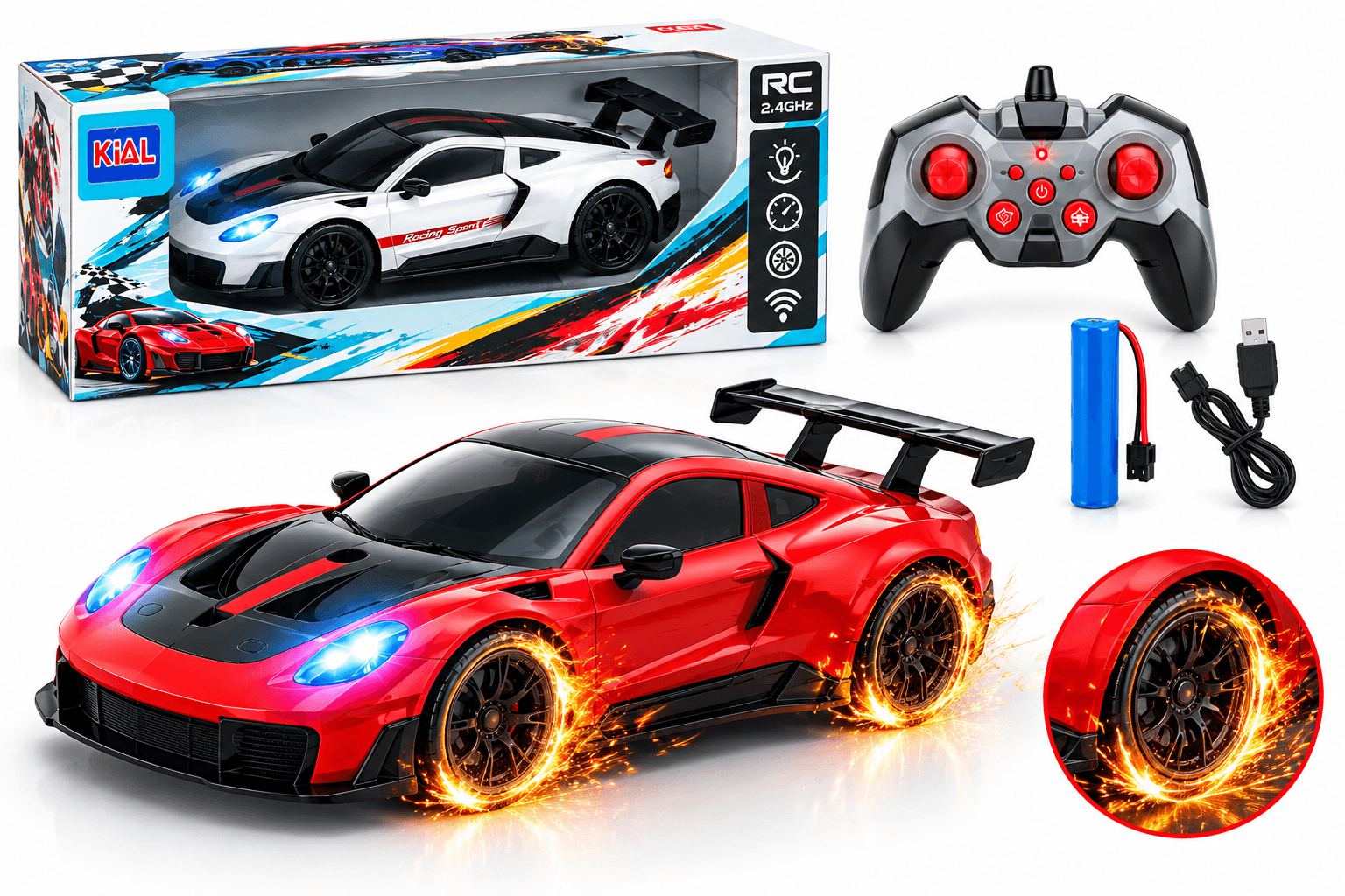 Porsche 911 Remote Control Spark Effect Drift Car Coupe With Lights, Music & Auto Parking | 6+ | Rechargeable | Color As Per Stock
