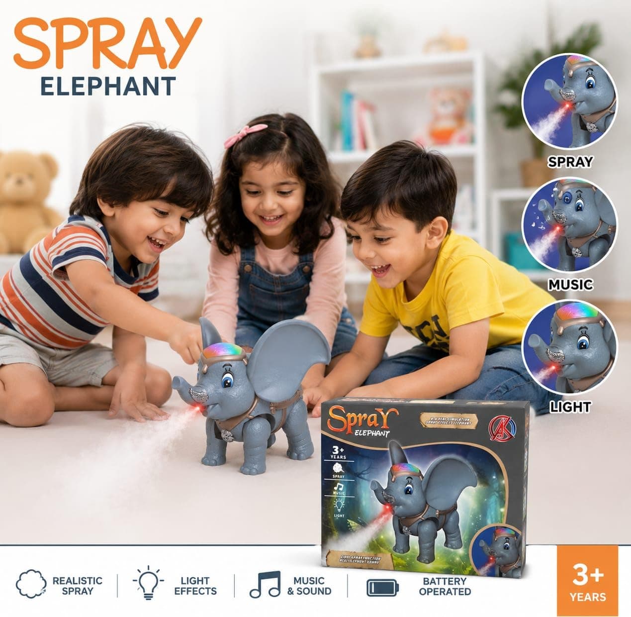 Walking Elephant Toy With Water Spray Smoke, Light & Music | Battery Operated Spray Elephant For Kids | Ages 3+ — view 3