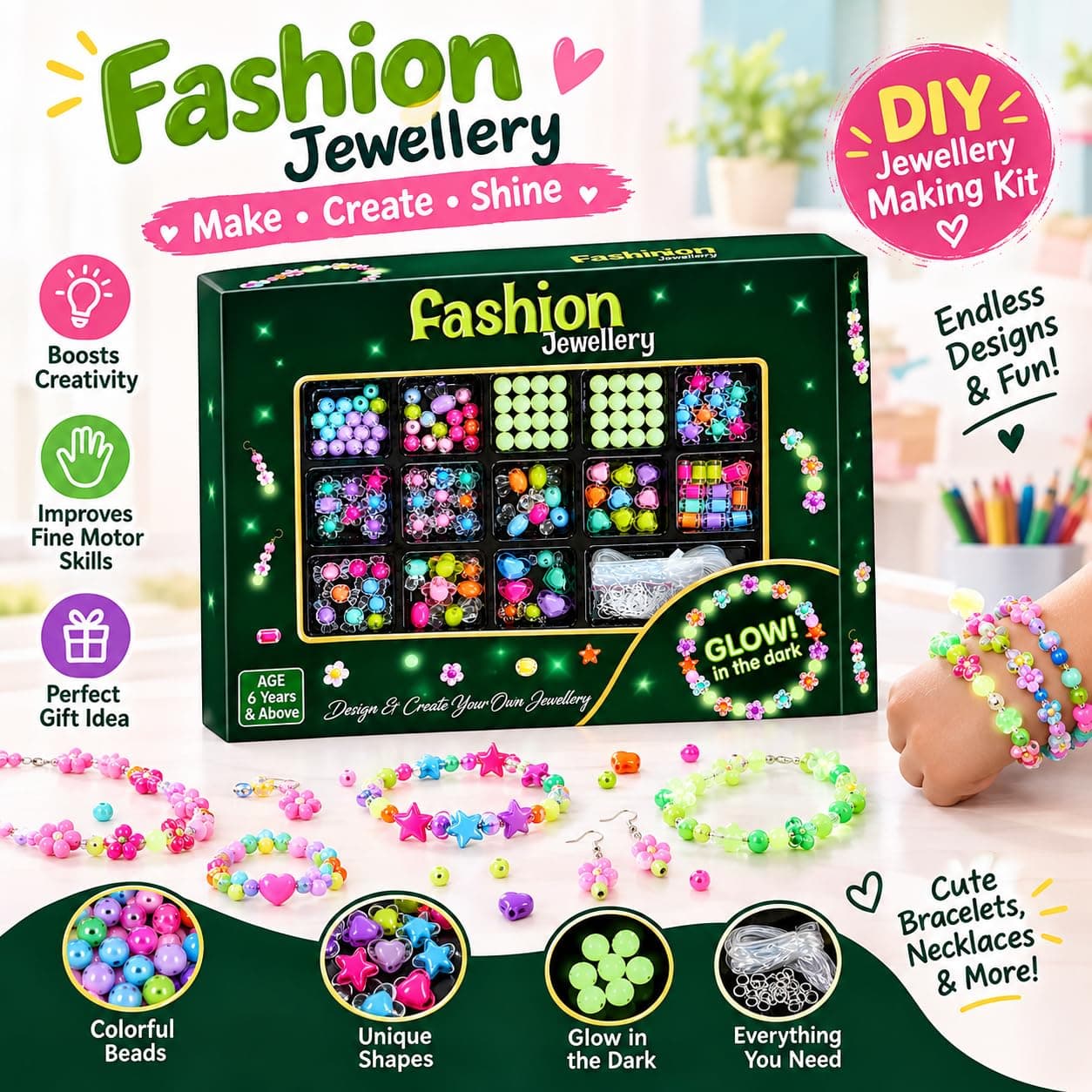 DIY Glow in the Dark Jewellery Making Kit for Girls | Luminous Beads & Charms Set | Pack of 1 Set