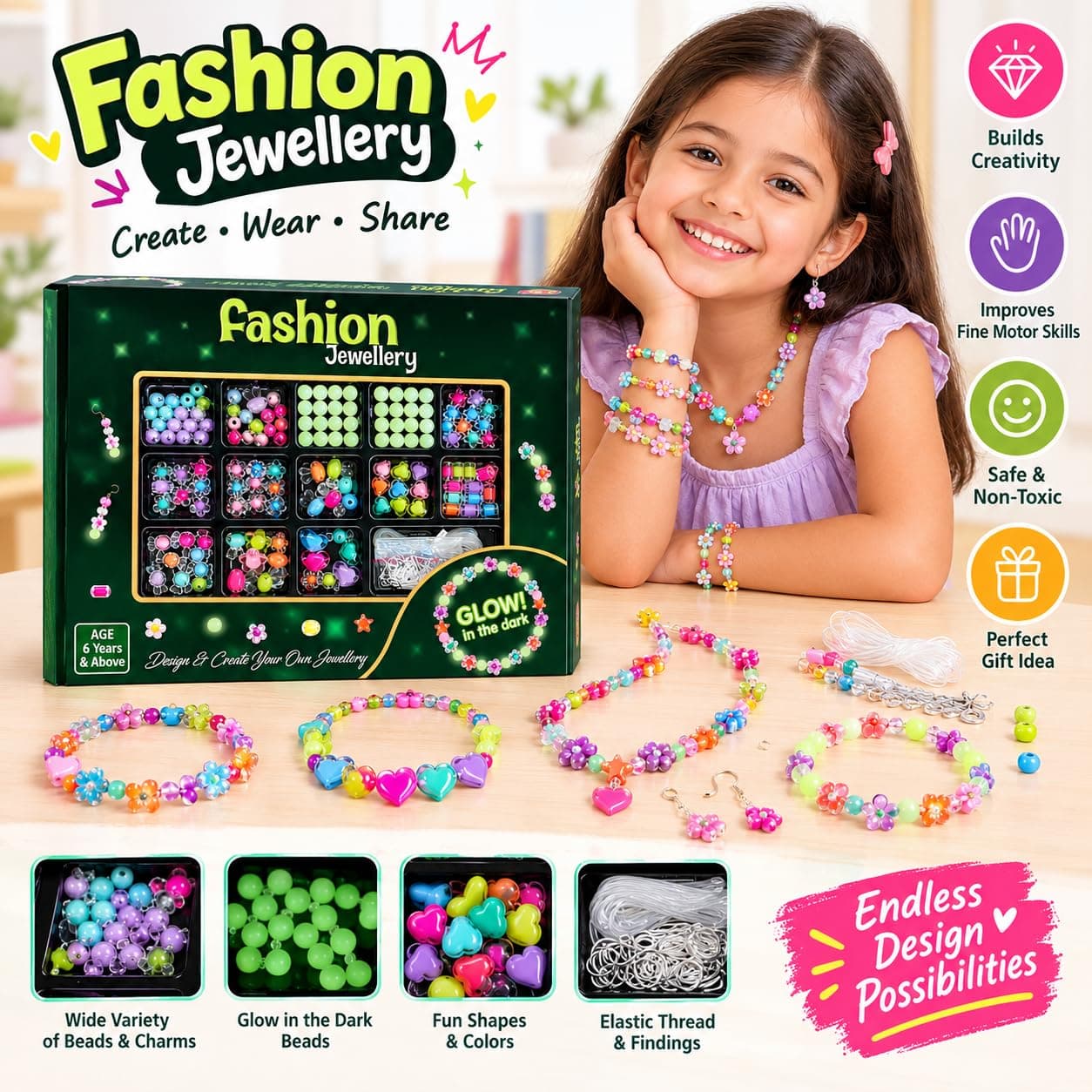 DIY Glow in the Dark Jewellery Making Kit for Girls | Luminous Beads & Charms Set | Pack of 1 Set — view 3