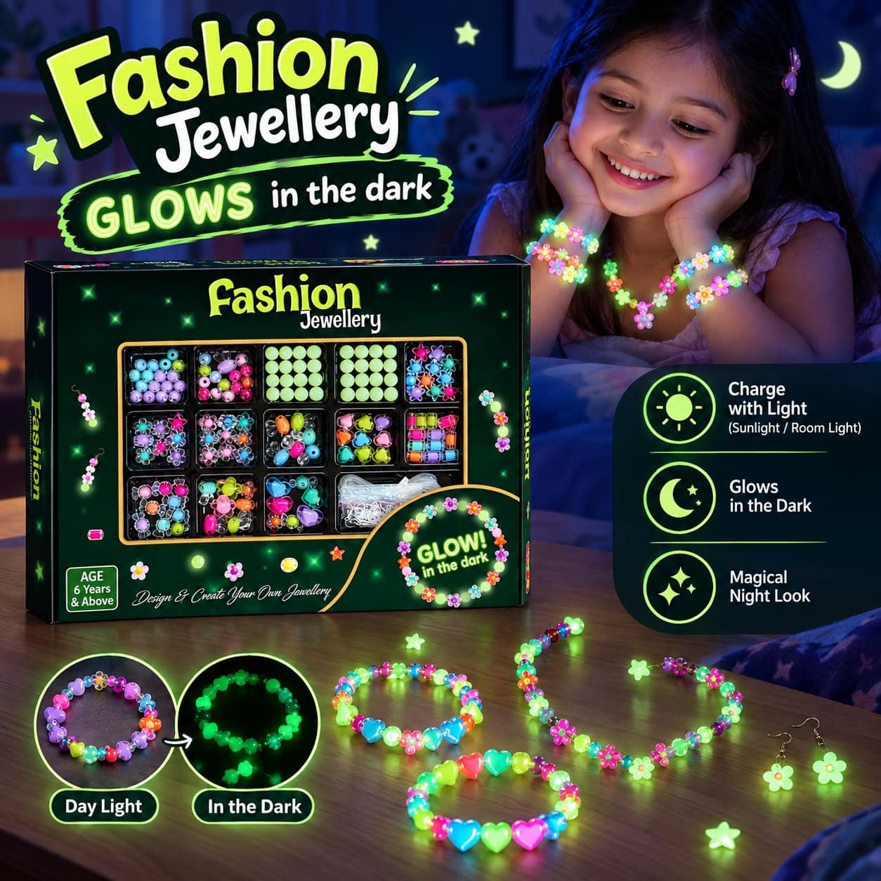DIY Glow in the Dark Jewellery Making Kit for Girls | Luminous Beads & Charms Set | Pack of 1 Set — view 4