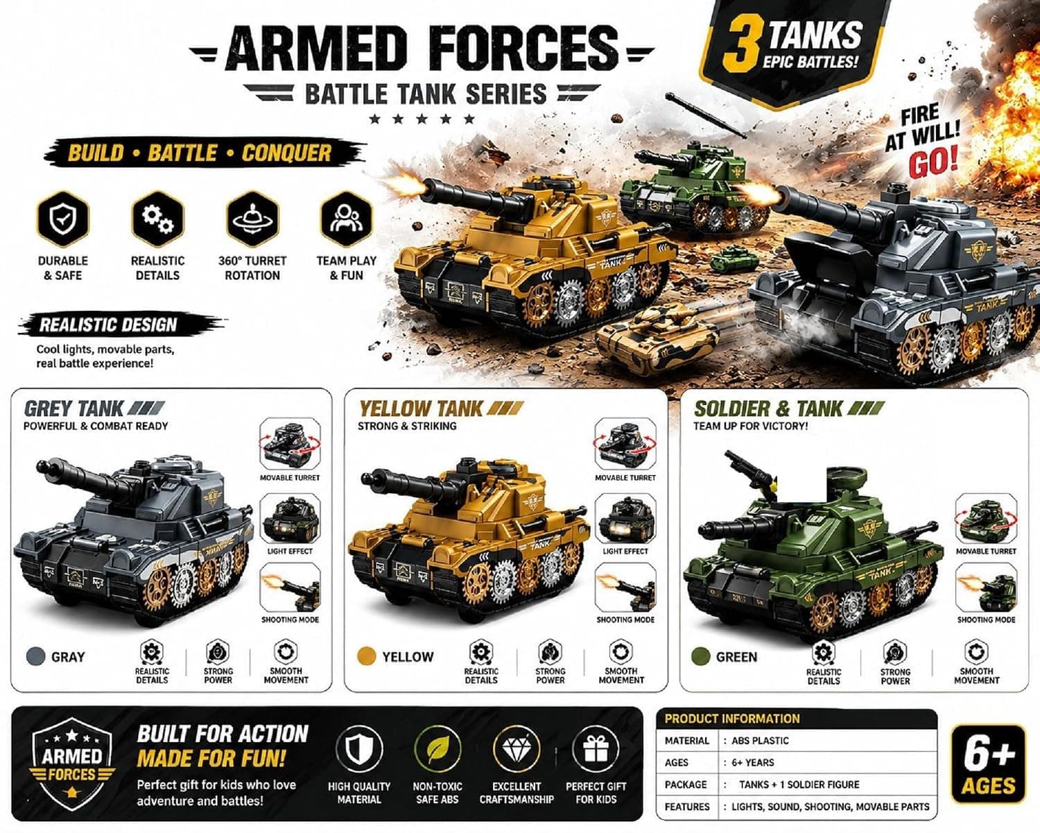 Inertia Series Army Tank Toy with Launching Mini Tank & Bullets | 360° Rotating Cannon | Pack of 1 Pc — view 3