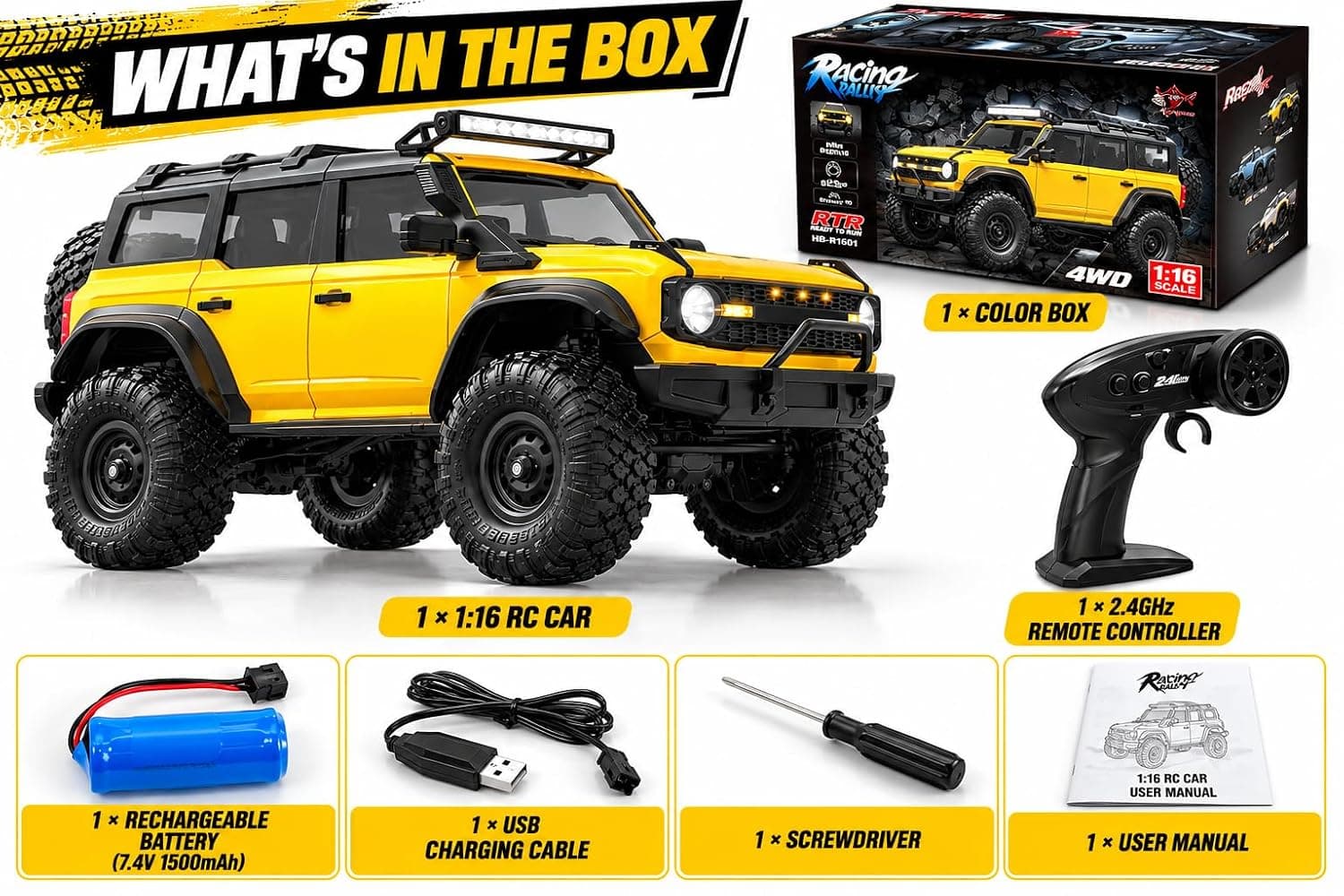 HB Toys 1:10 Ford bronco Yellow Upgraded version RC crawler | Remote Control Toy For Kids & Hobbyists — view 3