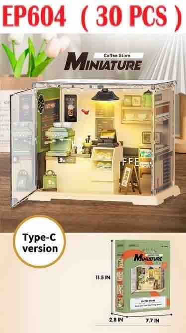 DIY Miniature Coffee Shop Dollhouse Kit With Lights | Battery Operated Mini Room Building Set | Type-C Version — view 2