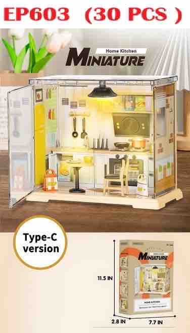 DIY Miniature Kitchen Dollhouse Kit With Lights | Mini Home Kitchen Room Building Set | Type-C Version — view 2