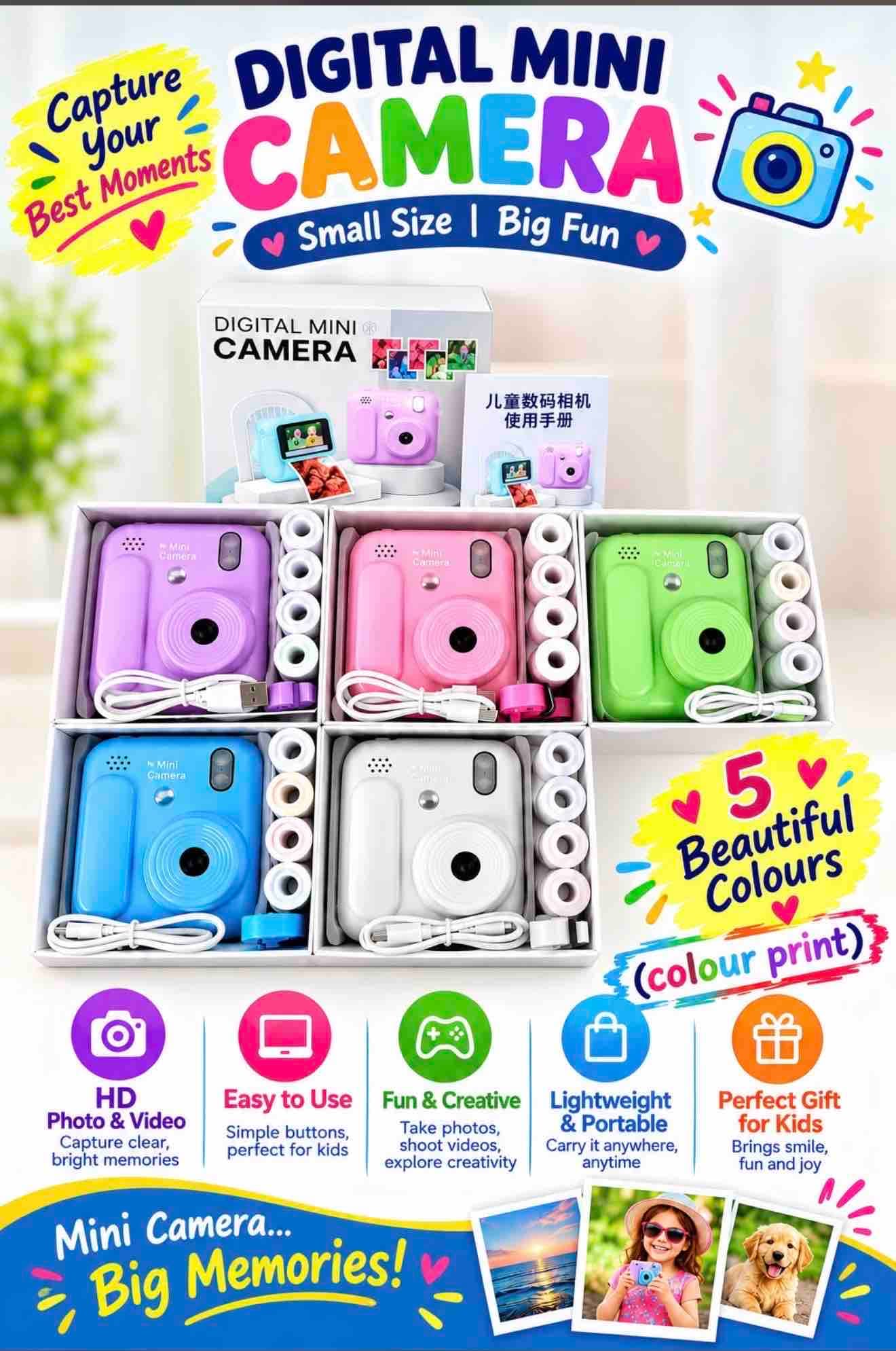 Kids Digital Mini Camera With Instant Colour Print | HD Photo & Video Camera With Print Paper Rolls | 5 Colours, Color As Per Stock — view 3