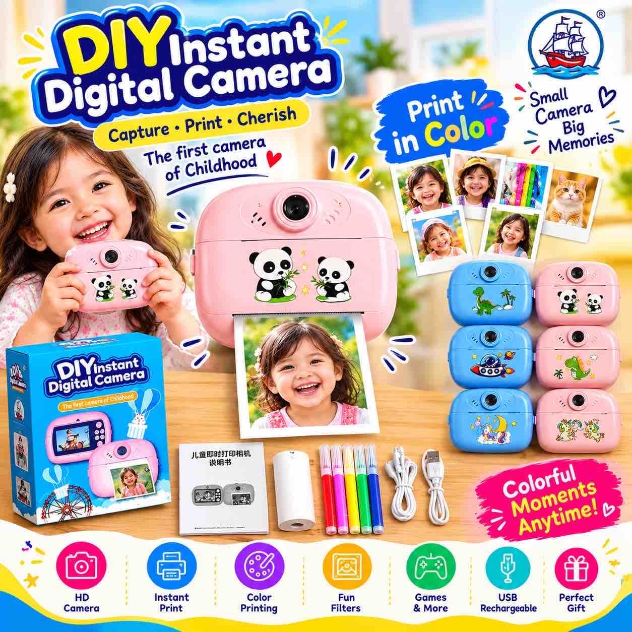 DIY Instant Digital Camera For Kids With Colour Print | Panda & Dino Print Camera With Coloured Pens & Paper Roll | USB Rechargeable | Design As Per Stock — view 3