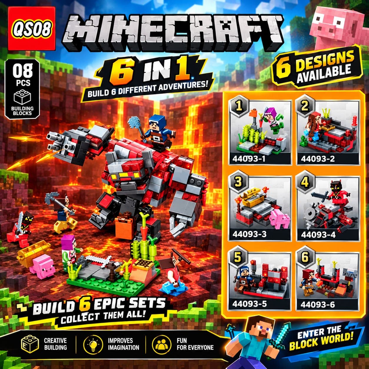 Lego Style Pixel World 6-in-1 Building Blocks Set | 6 Designs Assorted Mini Construction Kit | Random Design | Ages 6+ — view 2