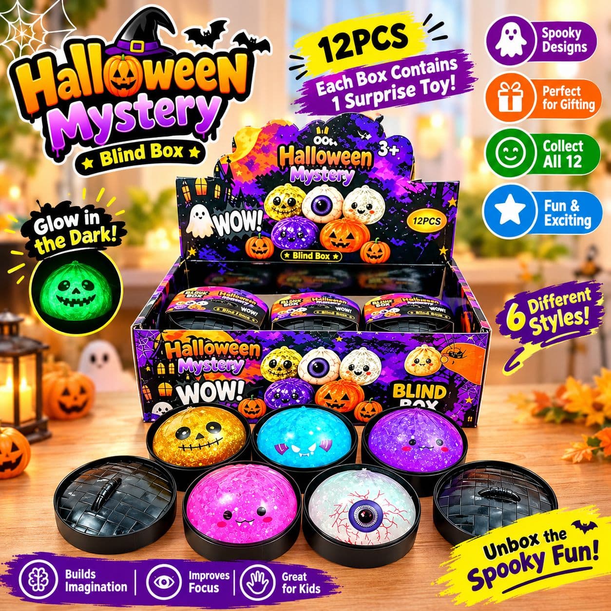 Halloween Mystery Blind Box Squishy Toy 12 Pcs Box | Glow In The Dark Surprise Toy | 6 Styles — view 2