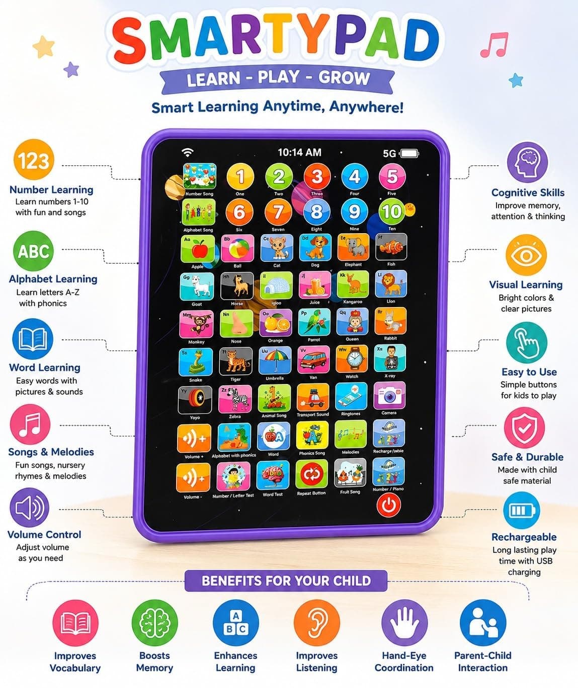 Smarty Pad Educational Learning Tablet For Kids | 14 Functions, Press, Play & Learn | Ages 2+ — view 3