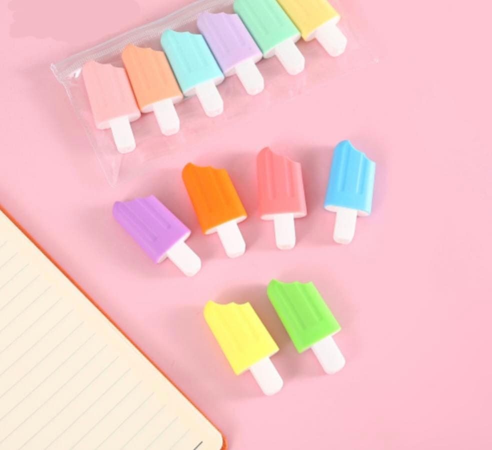Ice Cream Shape Highlighter Set of 6 Pcs | Pastel Popsicle Highlighter Pens In Pouch | Cute Stationery & Return Gift