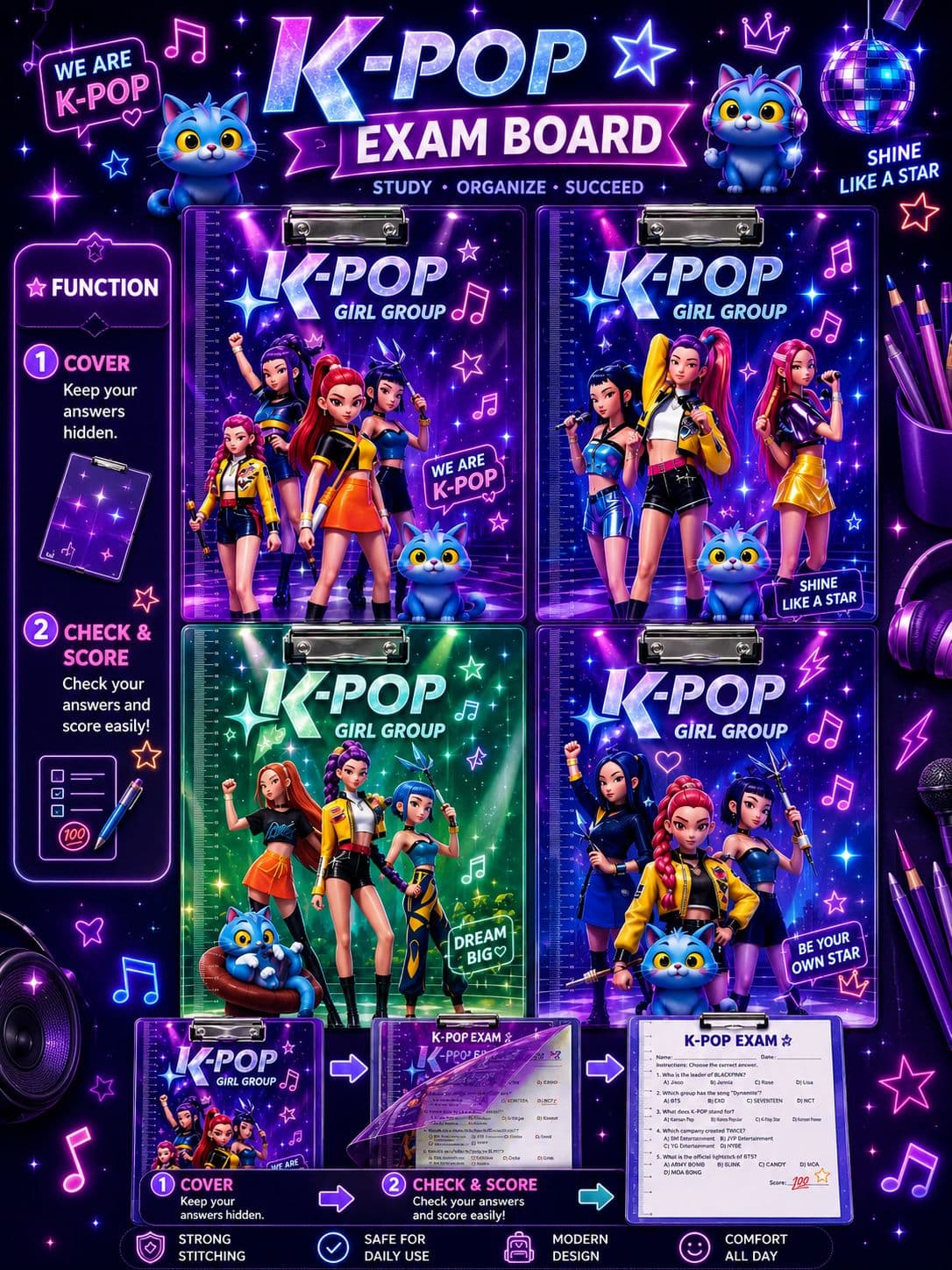 K-Pop Girl Group Theme Exam Board With Reveal Cover | Clipboard For Exams, Writing & Study | Assorted Designs | For School Kids — view 2
