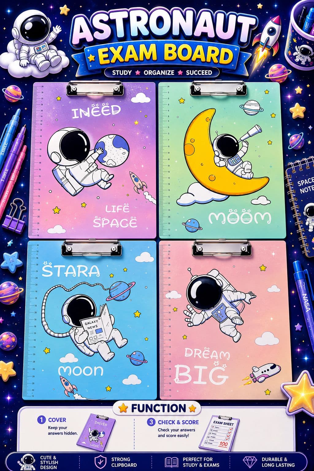 Astronaut Theme Exam Board With Reveal Cover | Clipboard For Exams, Writing & Study | Assorted Designs | For School Kids — view 2