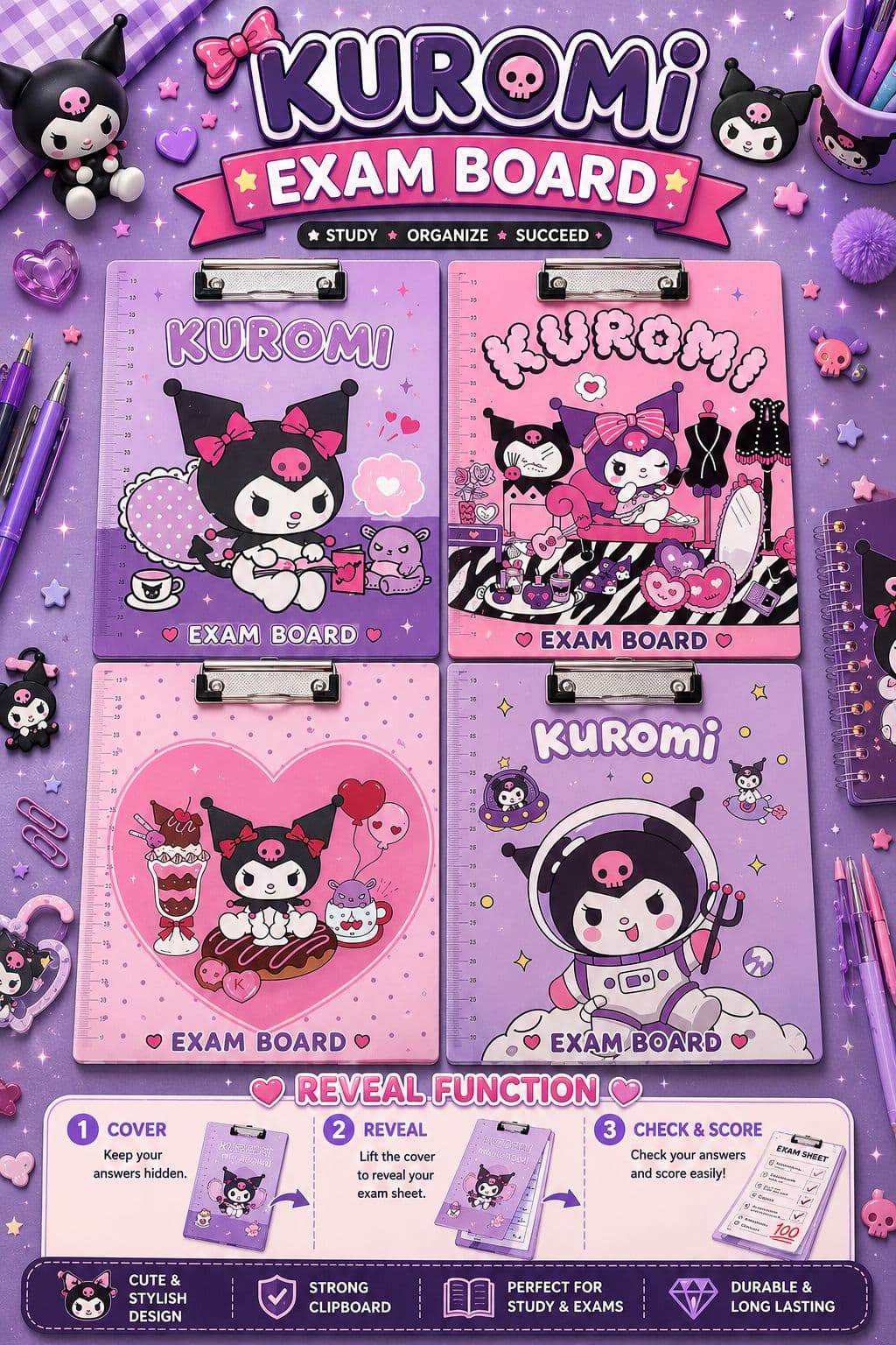 Cute Devil Bunny Theme Exam Board With Reveal Cover | Pink & Purple Clipboard For Exams, Writing & Study | Assorted Designs — view 2