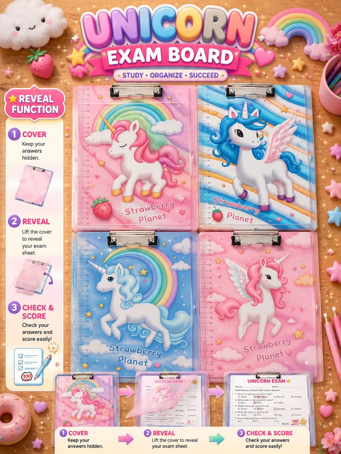 Unicorn Theme Exam Board With Reveal Cover | Clipboard For Exams, Writing & Study | Assorted Designs | For School Kids — view 2