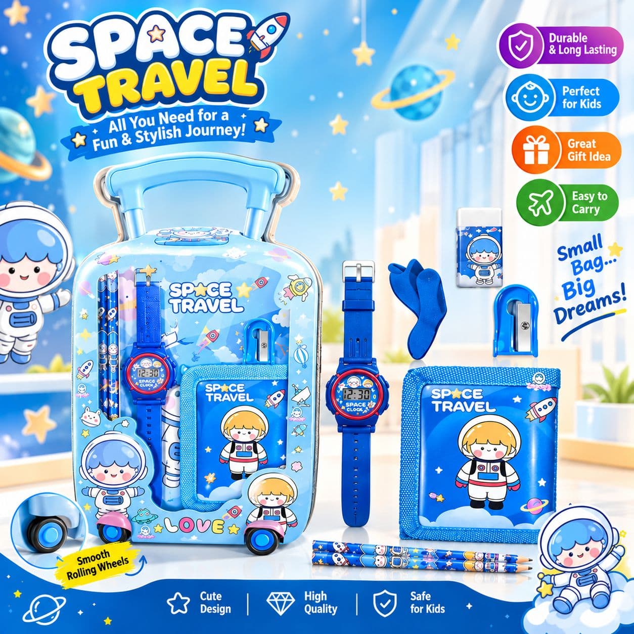 Space Travel Kids Gift Set With Digital Watch, Trolley Pencil Box, Wallet, Pencils, Eraser & Sharpener | Birthday Return Gift Combo — view 2