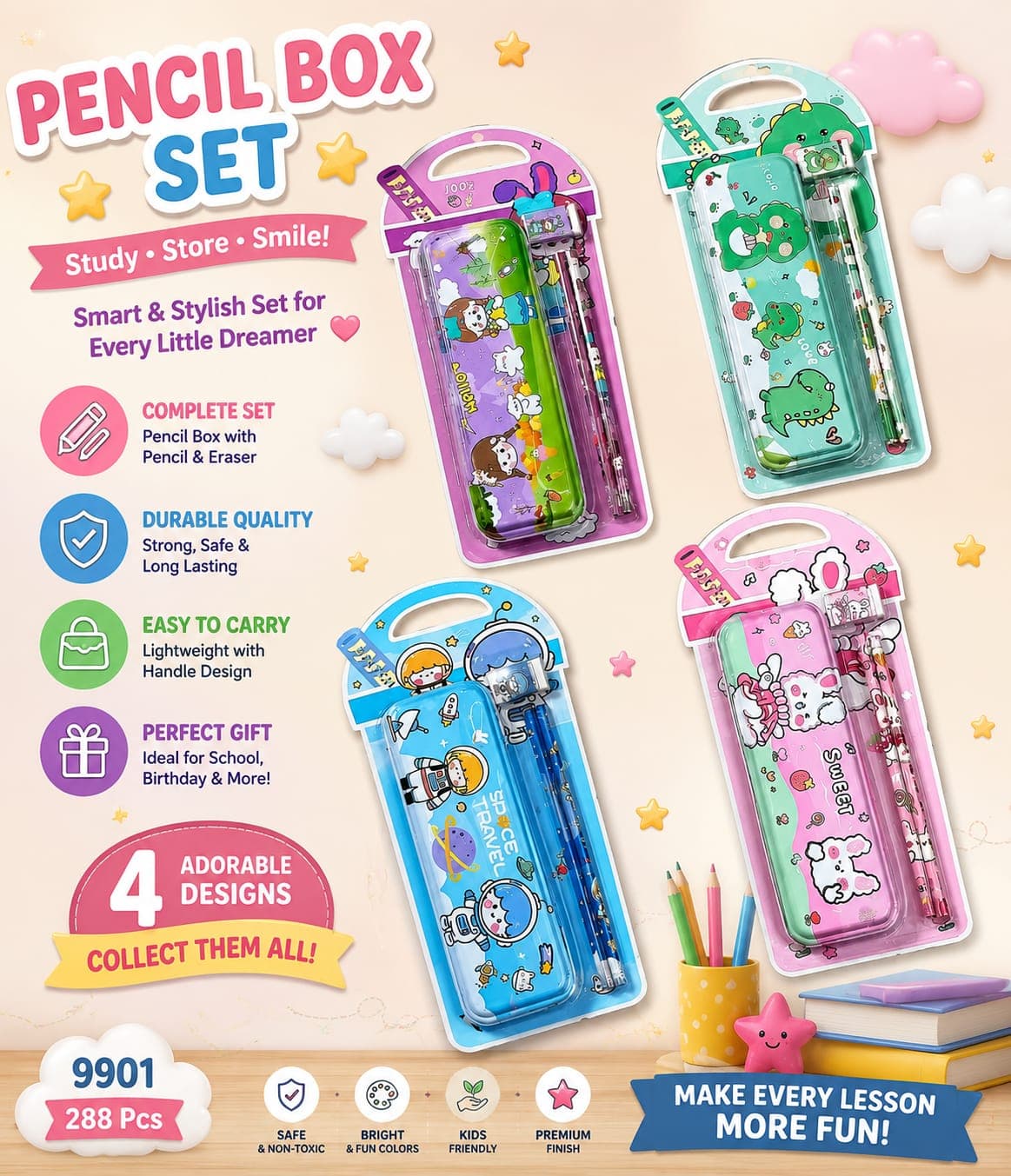 Pencil Box Gift Set With 2 Pencils & Eraser | Cute Cartoon Design Stationery Set For Kids | Return Gift | Design As Per Stock — view 2